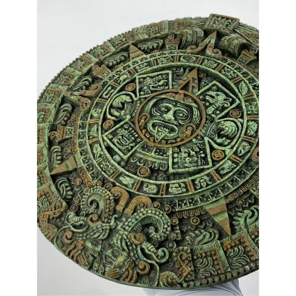 Vintage Large Engraved Mayan Aztec Calendar Sun Malachite Stone Wall Panel 11.5